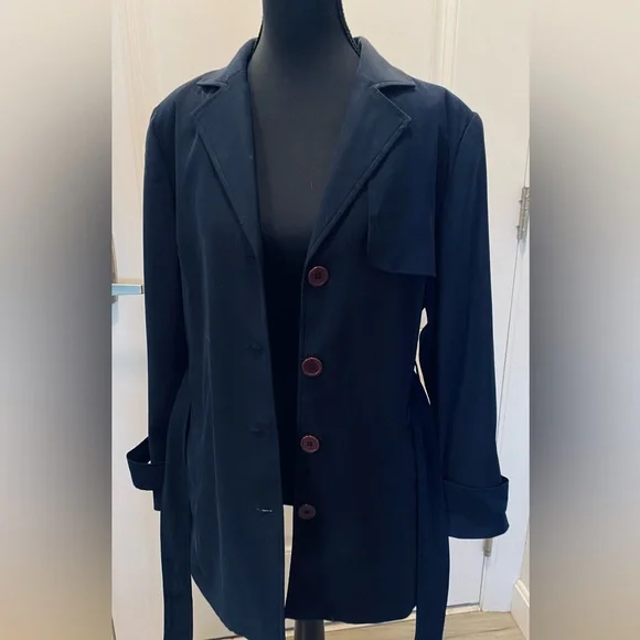 Vintage Linea Navy Blue Belted Women's Trench Coat Classic Chic - Picture 9 of 16